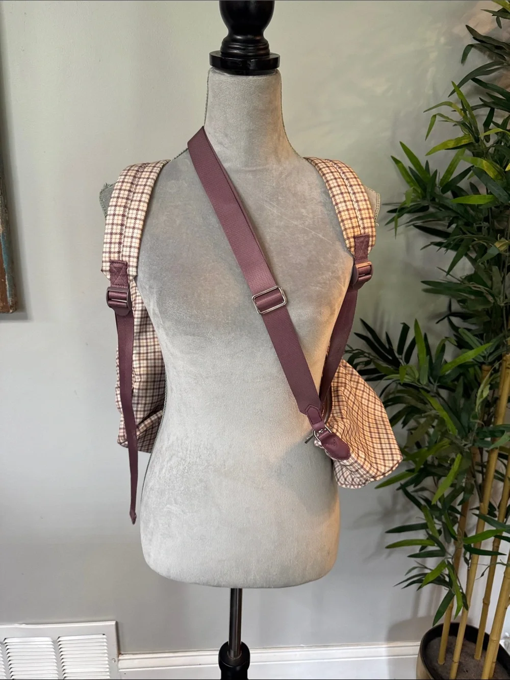 a new day Plaid Backpack and crossbody combo with purple Accents